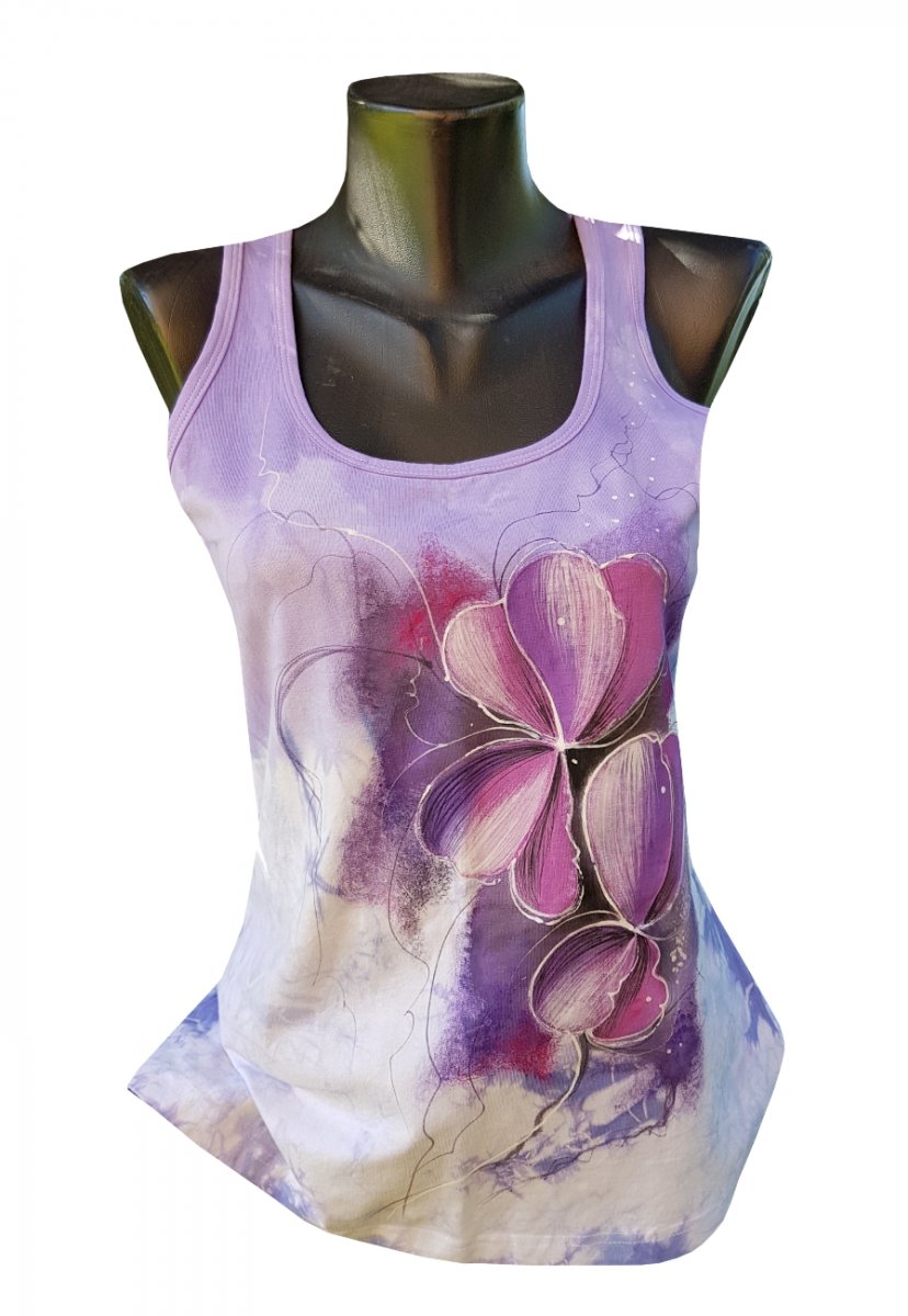 Fialové dámské tílko- květinky ručně malované