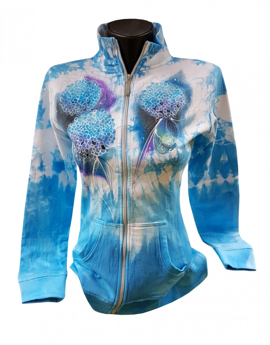 Modrá mikina s hortenziemi -ručně malovaná