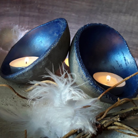 Betonové svícny polokoule " Přírodní+metal.modrá"