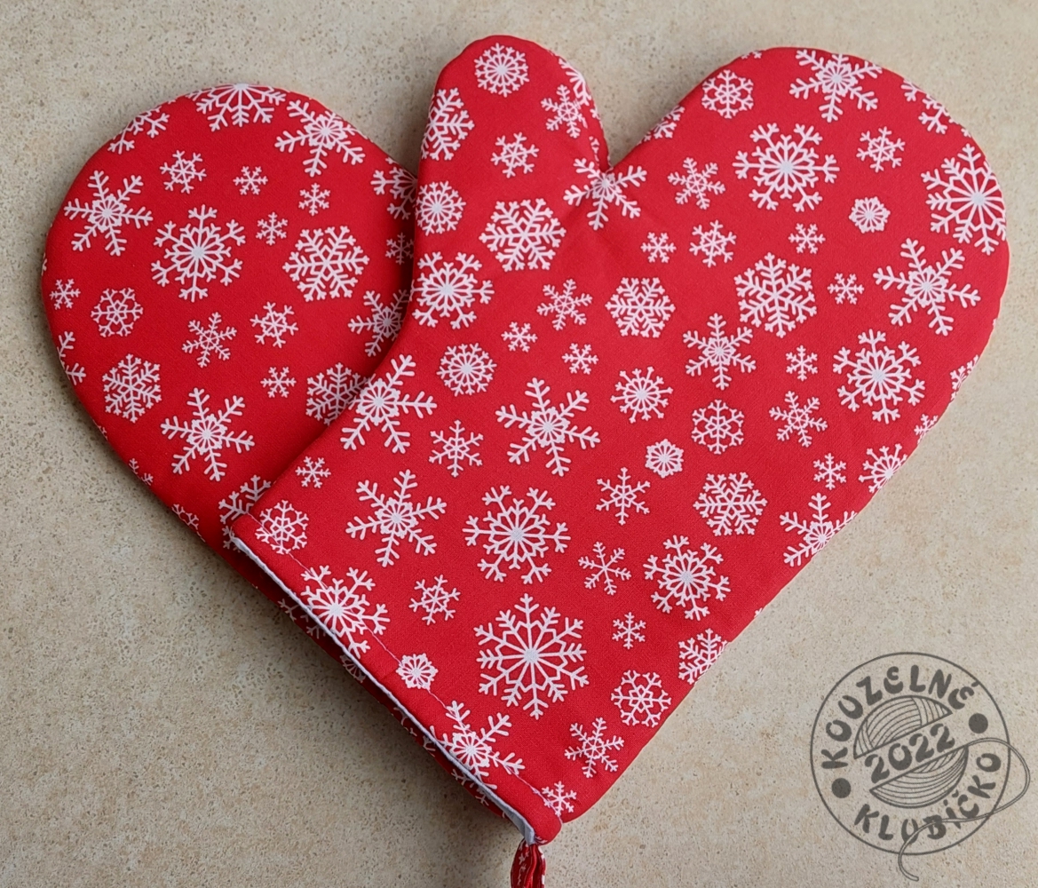 Vánoční chňapka vločky na červené - s poutkem a magnetem - cena za 1 ks
