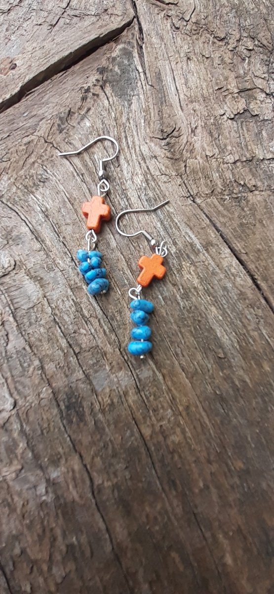 náušnice -  zlomky a křížek z tyrkenitu s komponenty z chir. oceli 