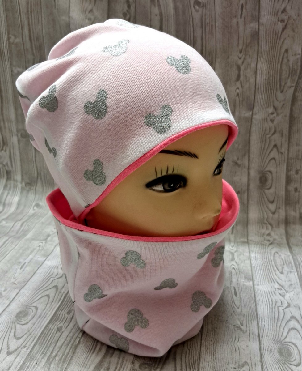 Čepice a nákrčník-Mickey na bílé a růžová 