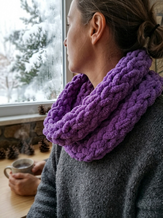 Měkký pletený nákrčník puffy - tmavě levandulová (fialová)
