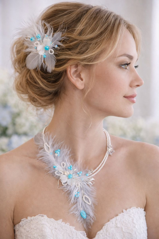Autorský náhrdelník s peřím a vlasová ozdoba – jemný set v bílo-tyrkysových tónech