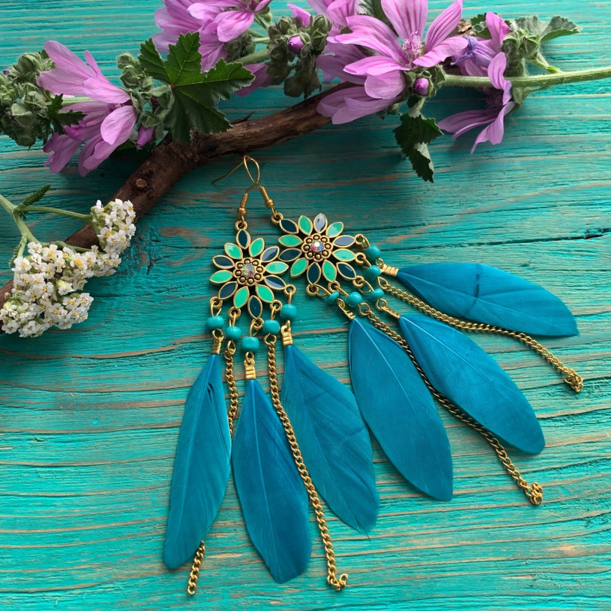 Peříčkové tyrkysové náušnice