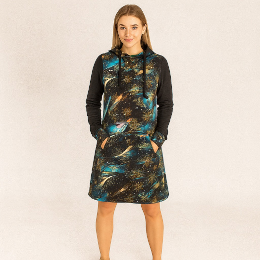 Mikinové šaty s kapucí - zlaté vločky (teplákovina)