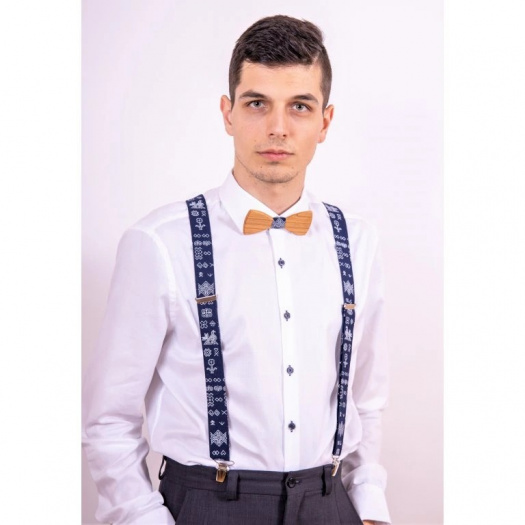 Set Drevený Motýlik a Folklórne Traky- tmavomodrý 