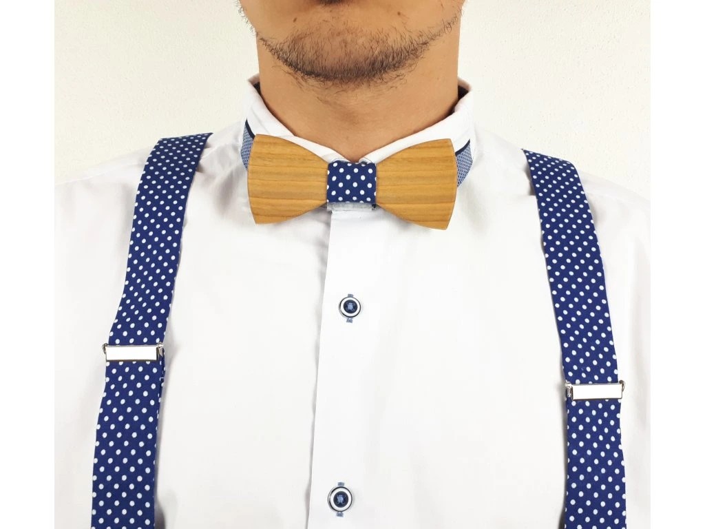 Set Drevený Motýlik a Bodkované Traky- modrý 