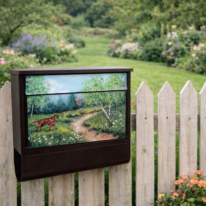 Ručně malovaná poštovní schránka – lesní krajina se psy, originální dekorace na plot