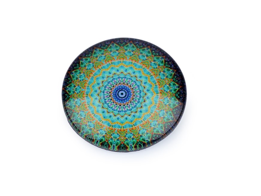 Skleněný kabošon mandala 25 mm - zelený tyrkys