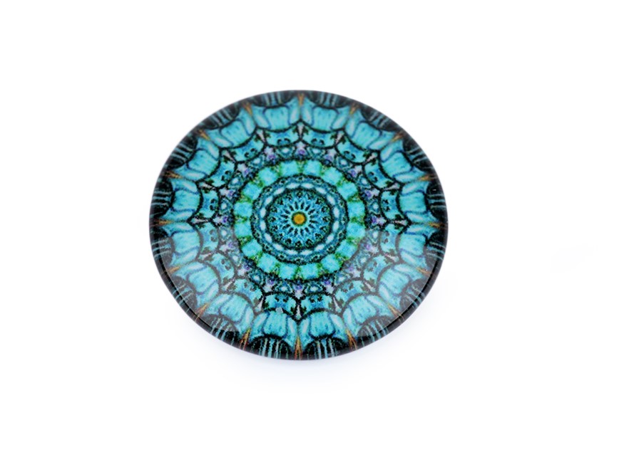 Skleněný kabošon mandala 25 mm - modrý tyrkys