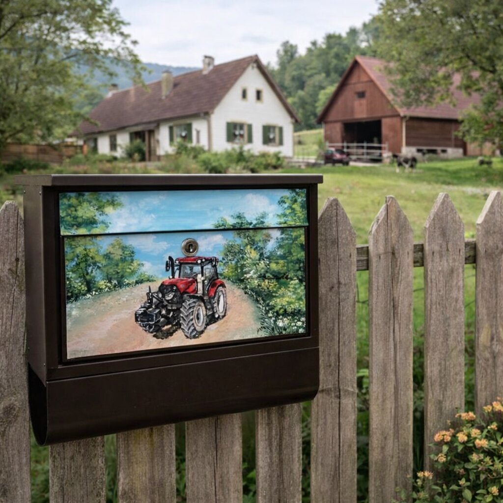 Ručně malovaná poštovní schránka s motivy aut, traktorů a vlaků