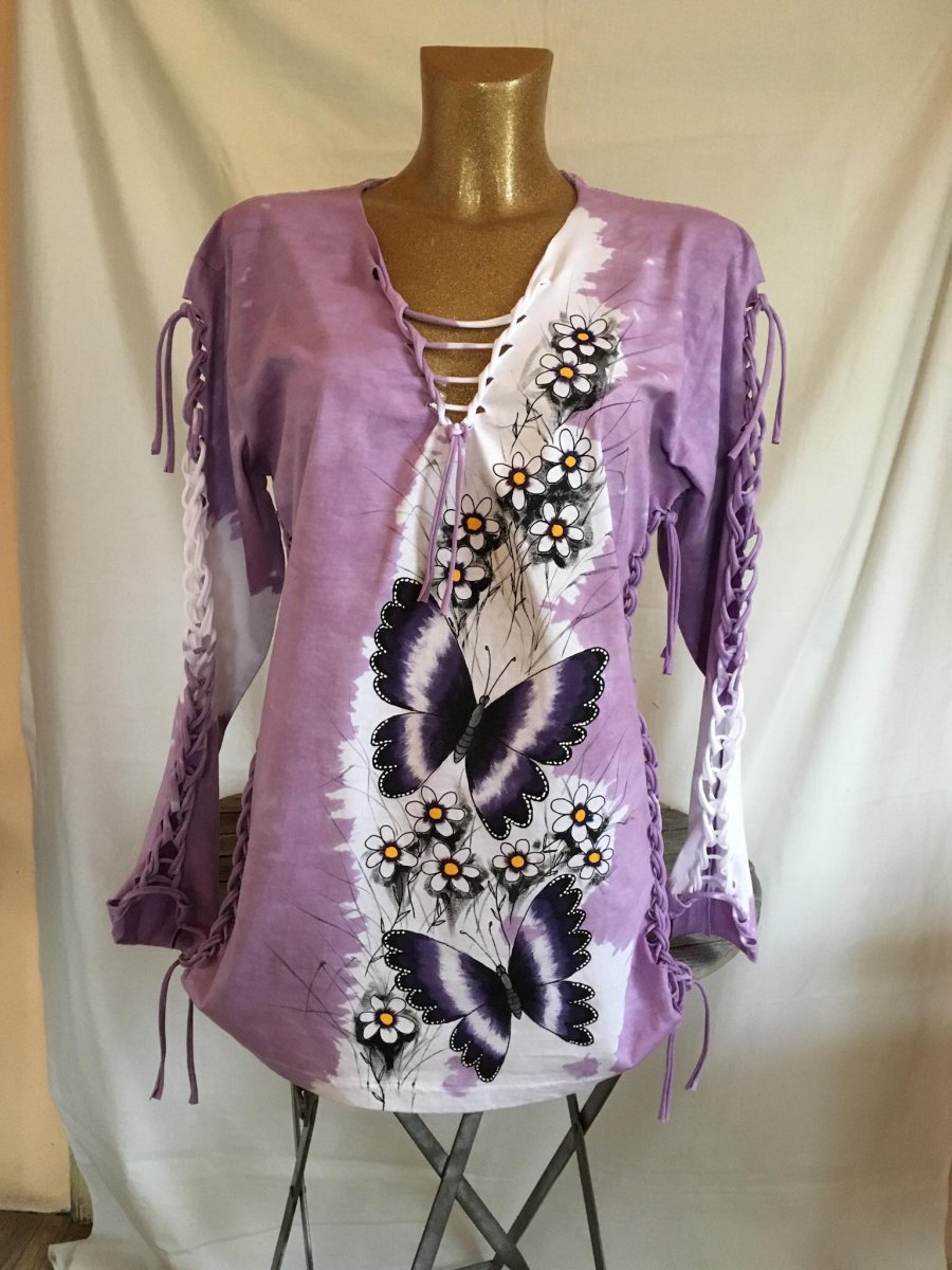 Fialové prostříhané tričko s květy a motýly