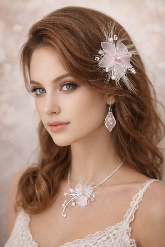 Luxusní bílý svatební set – náhrdelník, náušnice a ozdoba do vlasů | Ruční výroba