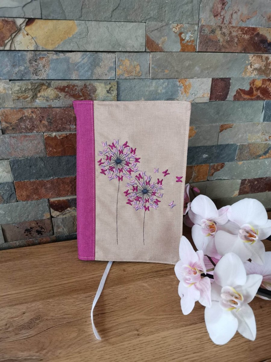 Obal na knihu s výšivkou - Pampelišky na béžové