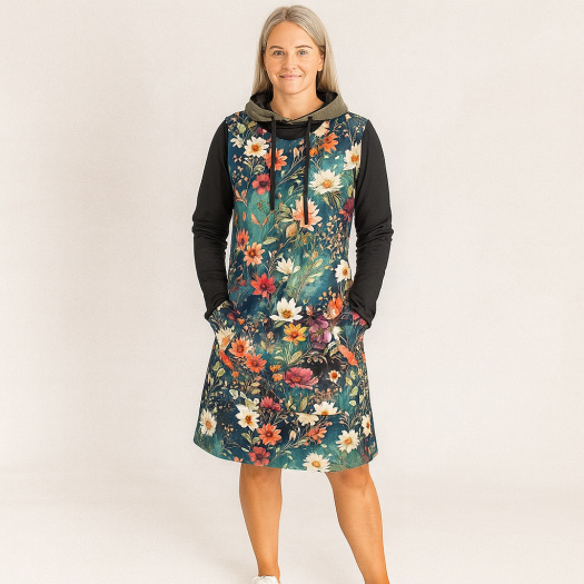 Mikinové šaty s kapucí - zahrada (teplákovina)