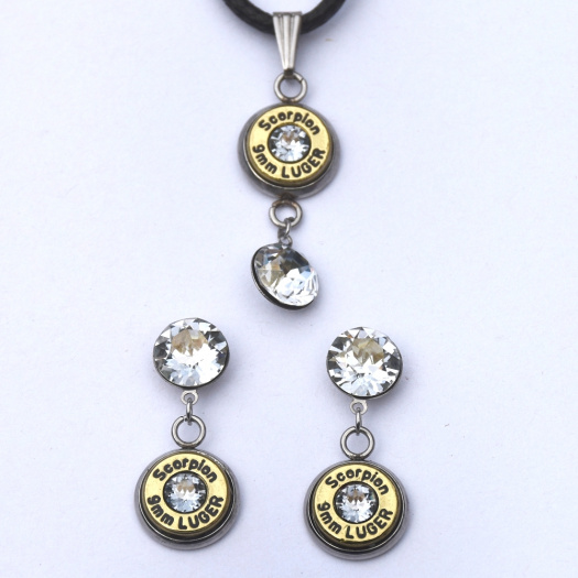 Náušnice a přívěsek z nábojnic, chirurgická ocel, Swarovski