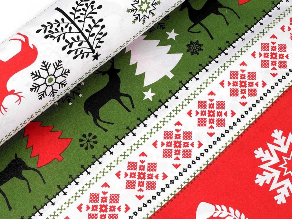 Vánoční bavlněná látka sobi - červená, zelená (cena za 10 cm)