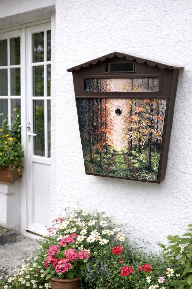 Ručně malovaná poštovní schránka s lesním motivem – originální dekorace pro dům i zahradu.