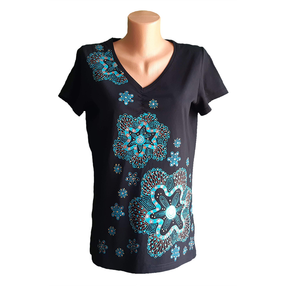 Dámské černé tričko tyrkysové kytičky