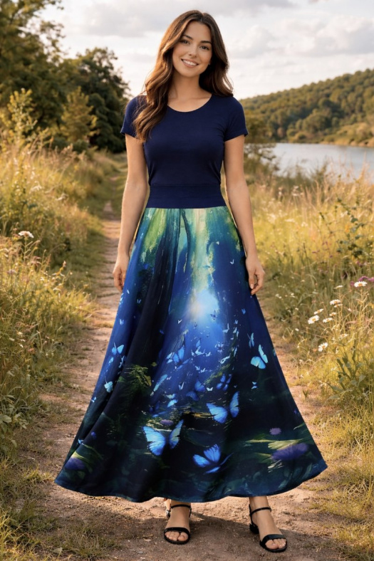 Dlouhá půlkolová sukně - motýli