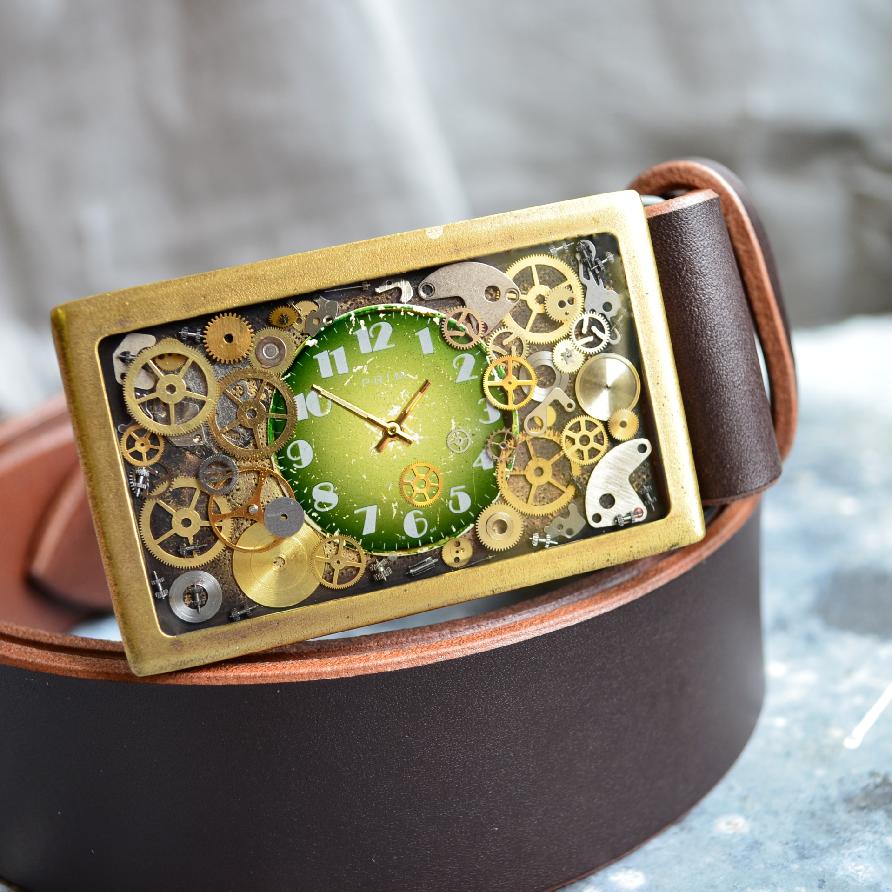 Hnědý kožený steampunkový opasek,spona s ciferníkem Prim