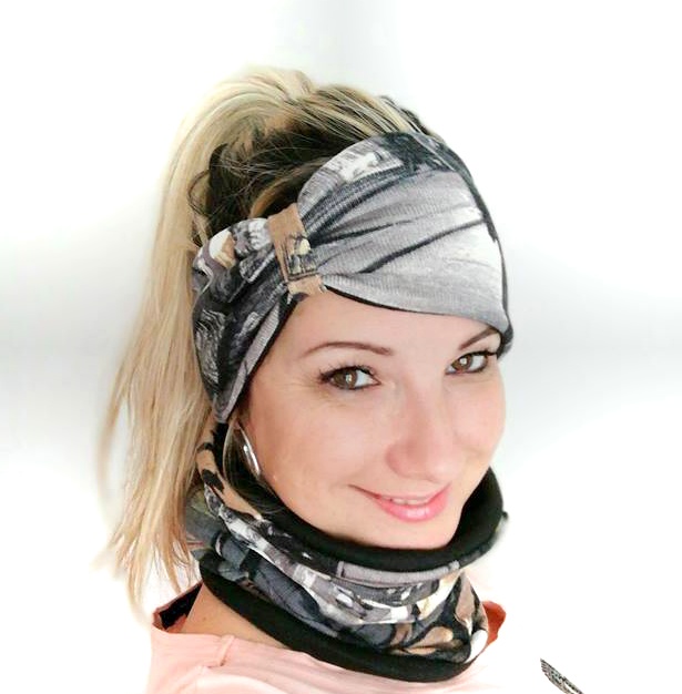 čelenka a nákrčník RETRO MOTIV-ČERNÁ,HNĚDÁ,ŠEDÁ