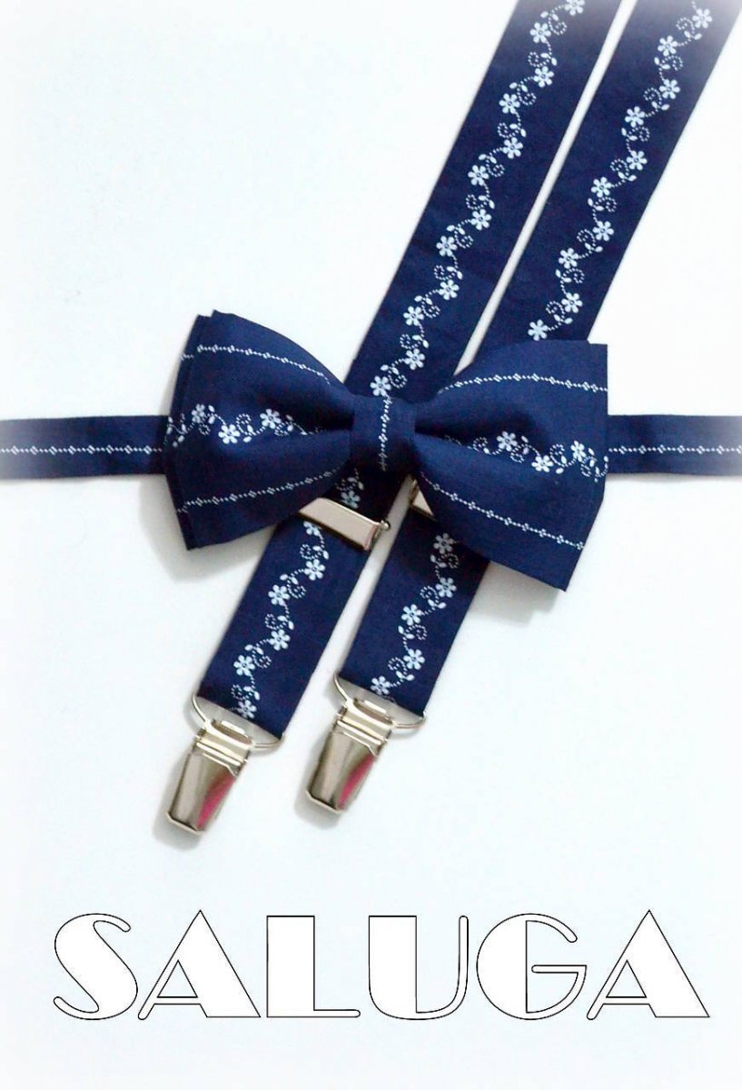 Pánské set motýlek + šle folkový, folklorní,lidový modrý modrotlač