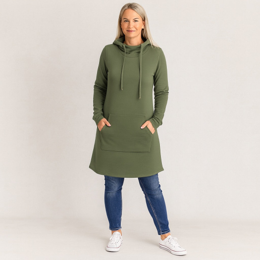 Mikinové šaty s kapucí - barva khaki (teplákovina)