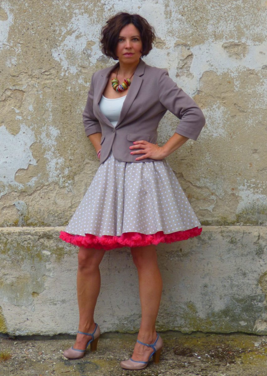 FuFu sukně béžový puntík s pink spodničkou