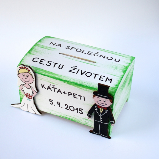 Svatební pokladnička s novomanželi střední - dozelena