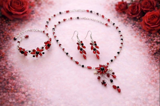 Elegantní červený šperkový set – náhrdelník, náramek a visací náušnice