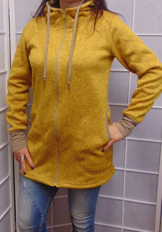 Dlouhá mikina s kapucí - barva hořčicová S - XXXL