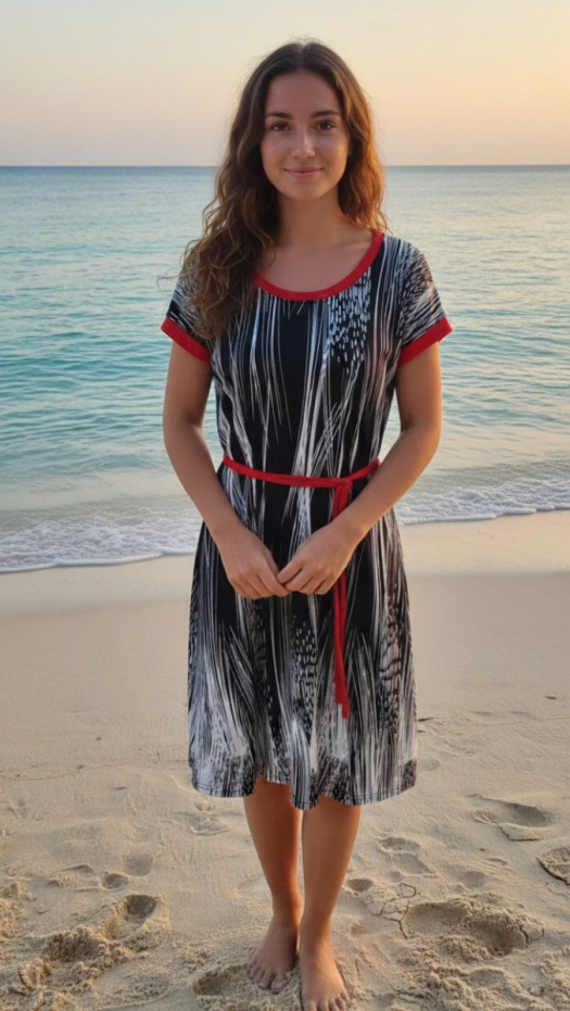 Šaty s páskem - černobílé s červenou, velikost M ~ SLEVA ~