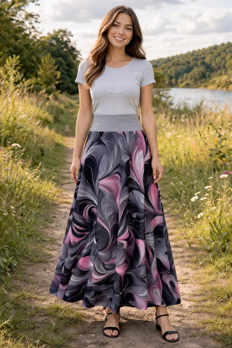 Dlouhá půlkolová sukně - šedorůžové vlnění