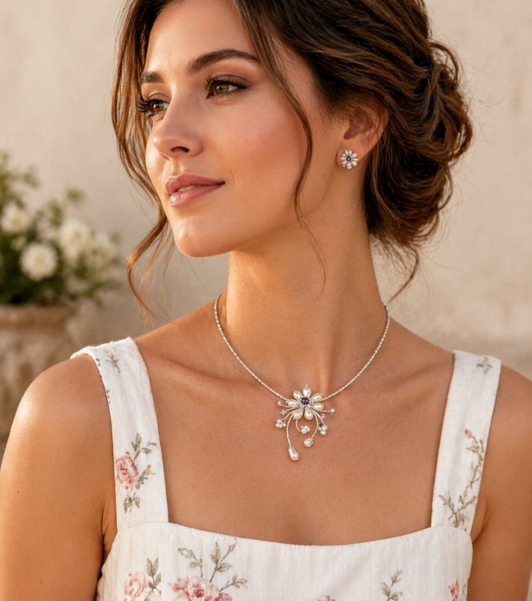 Jemný květinový náhrdelník s perličkami a náušnice – elegantní set pro každý den