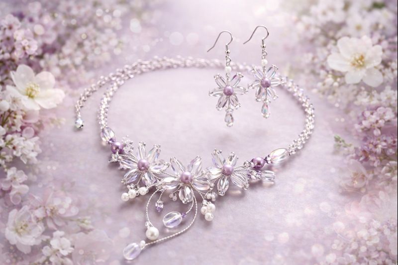 Ručně vyráběný květinový náhrdelník s náušnicemi – jemná elegance