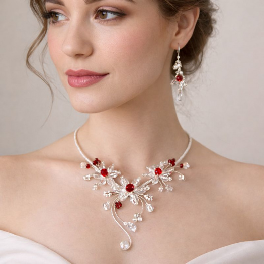 Elegantní šperkový set s červenými korálky(náhrdelník, náušnice a náramek)