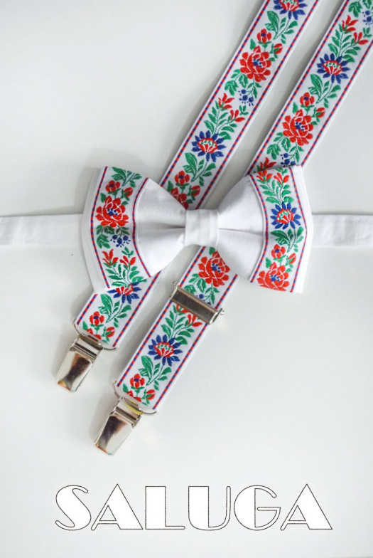 Pánské set motýlek + šle folkový, folklorní,lidový bílý