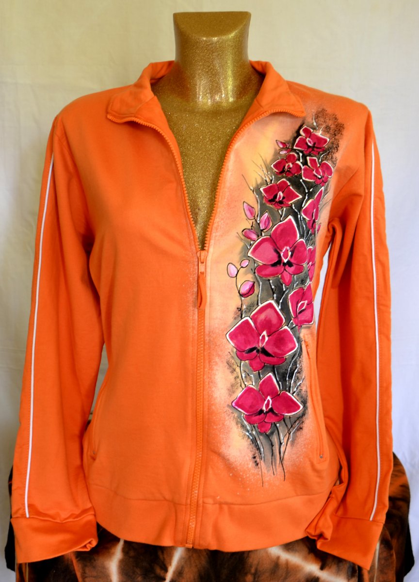 Oranžová mikina s orchidejkami
