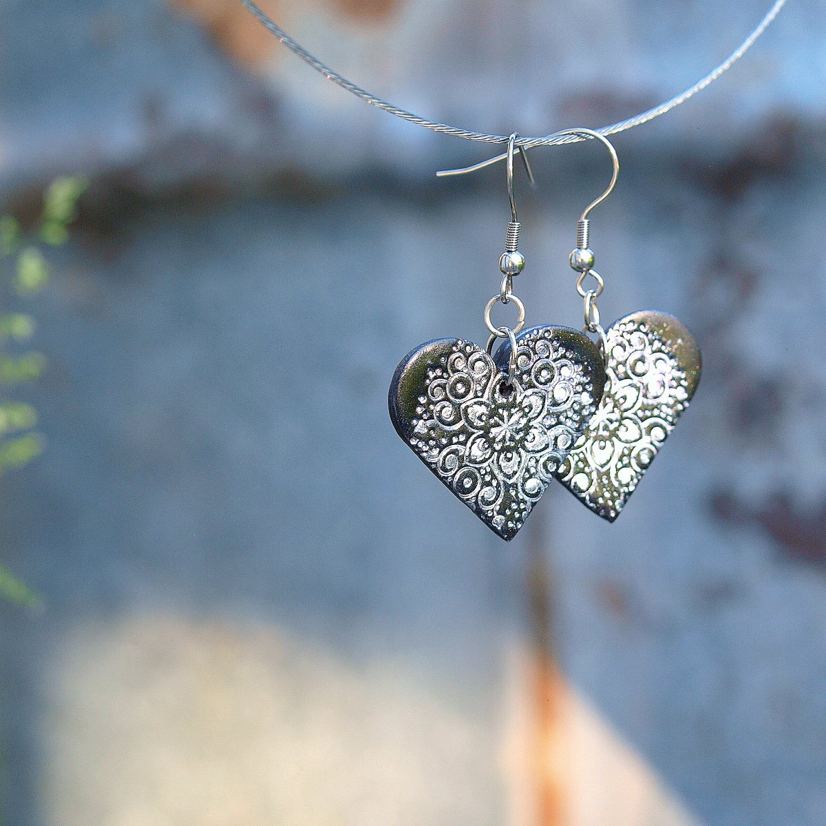 Náušnice - srdce černostříbrné