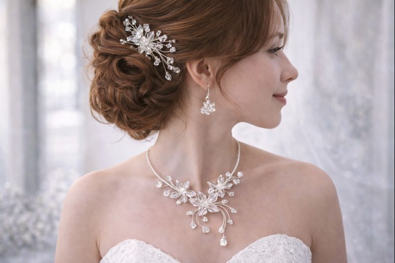 Svatební  křišťálový set  – náhrdelník, náušnice a hřebínek do vlasů