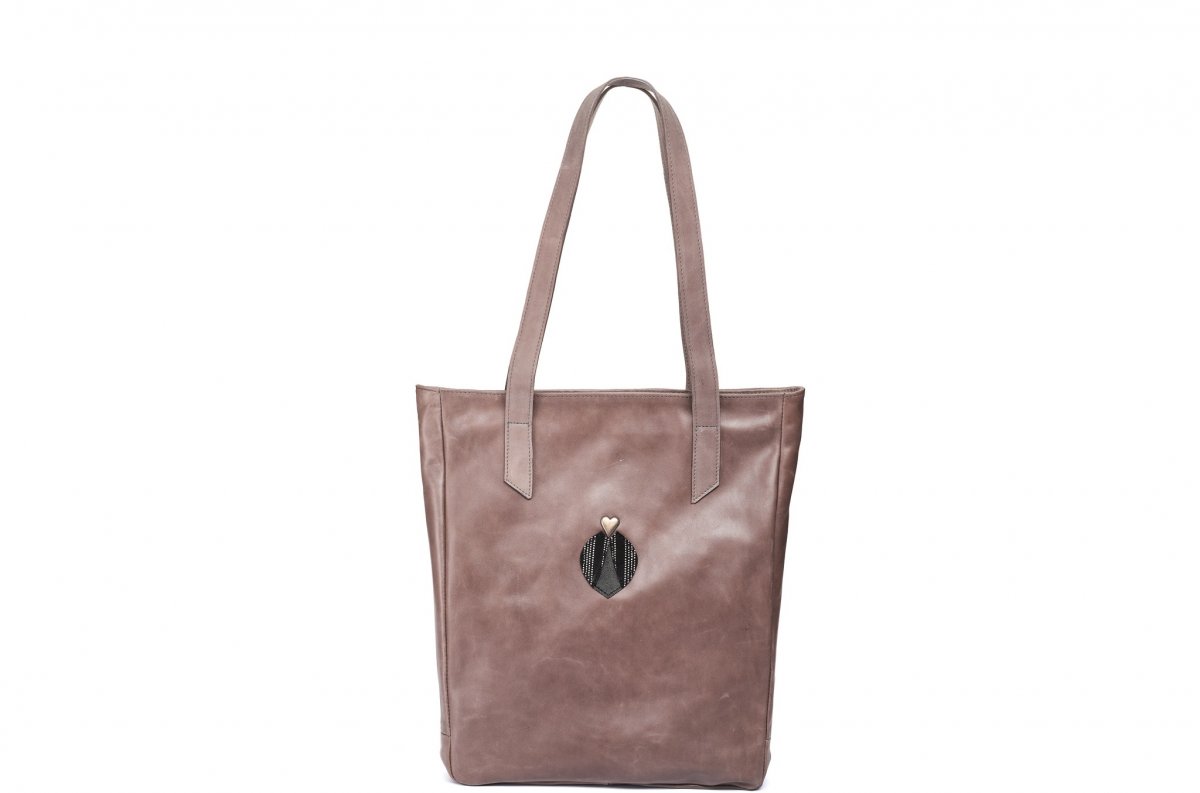 Velká kožená taška - šedobéžová s aplikací - SLEVA 25%