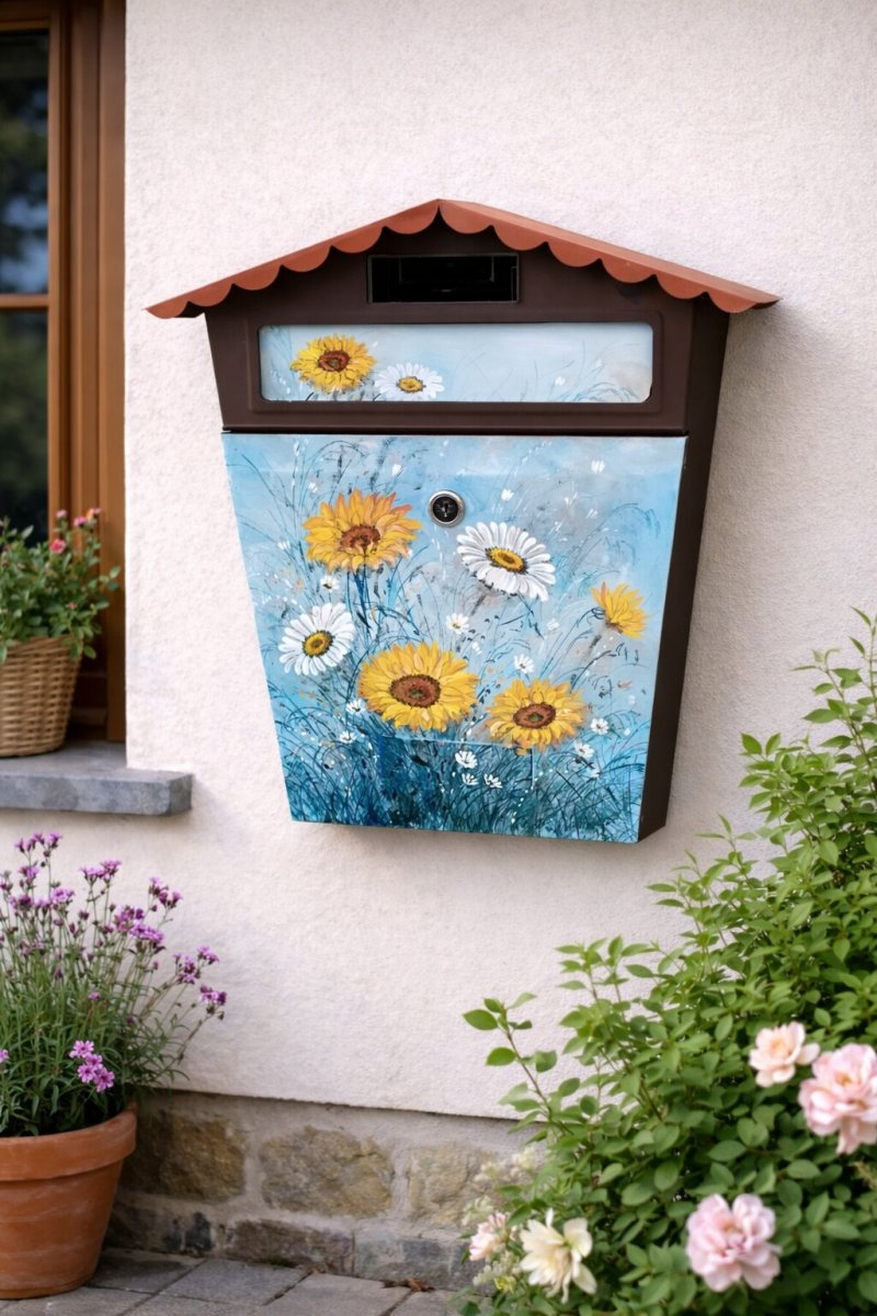 Ručně malovaná poštovní schránka – slunečnice a luční květy | Originální dekorace na dům