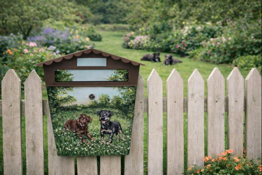 Ručně malovaná poštovní schránka – psi v zahradě