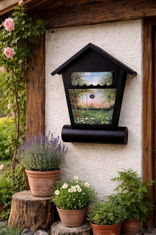 Ručně malovaná poštovní schránka – domeček s motivem zahrady