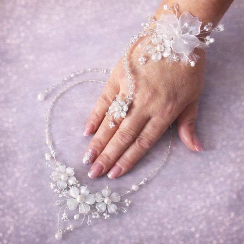Svatební šperk set – květinový náhrdelník a náramek s prstýnkem