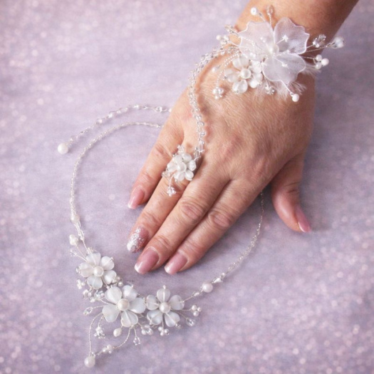 Svatební šperk set – květinový náhrdelník a náramek s prstýnkem