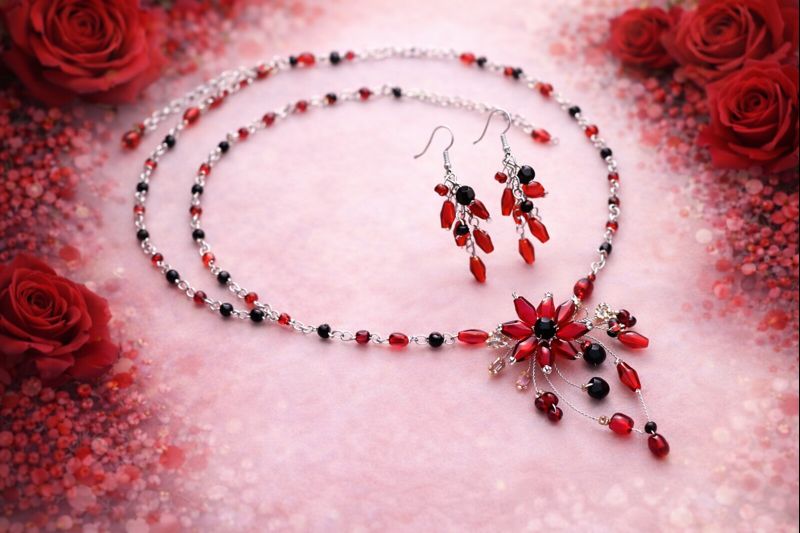 Ručně vyráběný náhrdelník a náušnice – červený květ