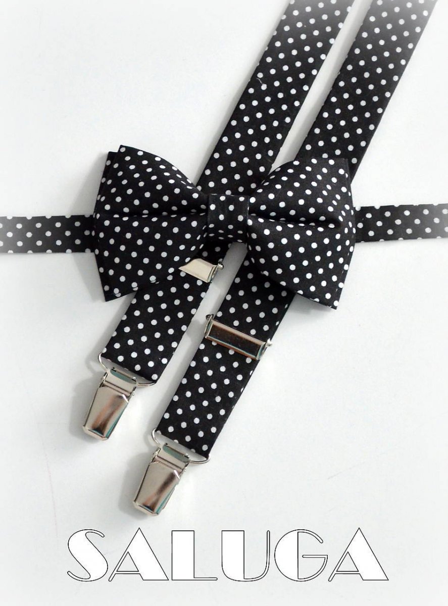 Pánský set - motýlek a šle černy bodkovaný